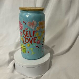 16 Ounce Handmade Blue Shimmer Glass Can Cup, w/Lid & Straw, Self Love